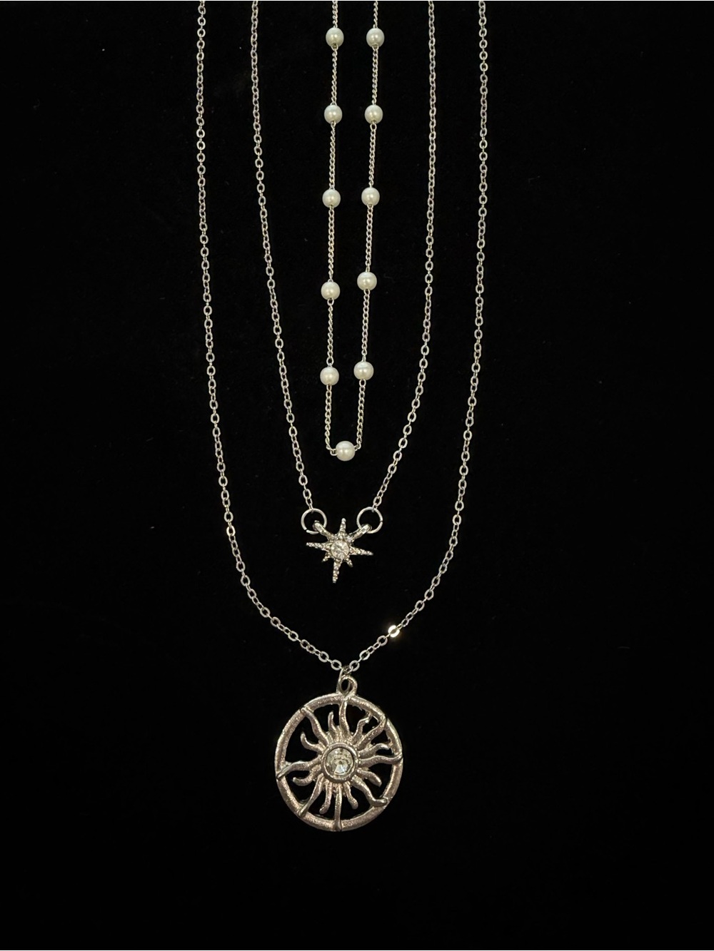 Layered Silver Sun & Star Pearl Necklace - Women Jewelry